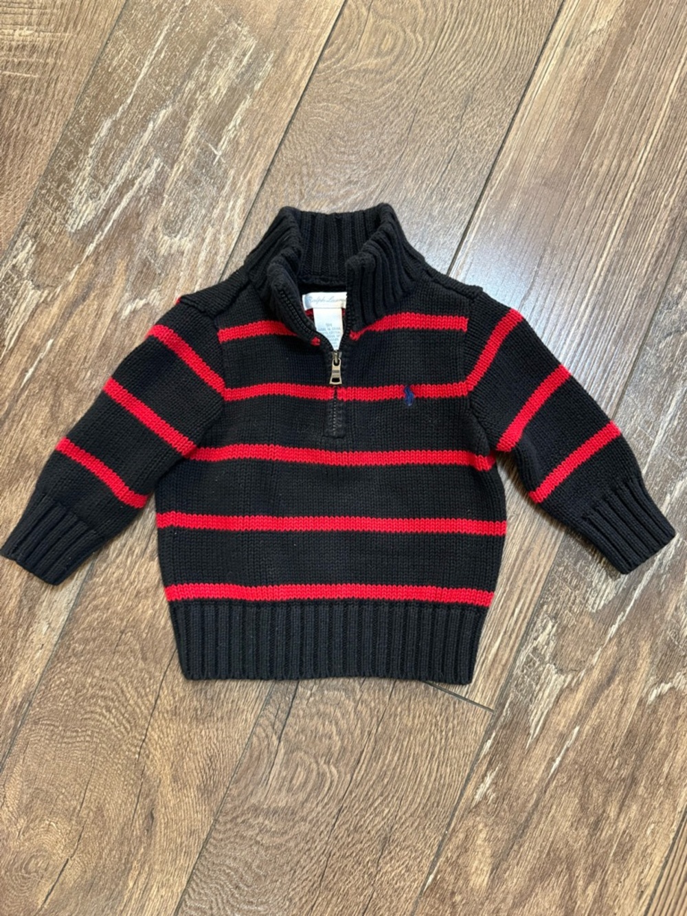 Ralph Lauren Black Knit Sweater with Red Stripe Accents